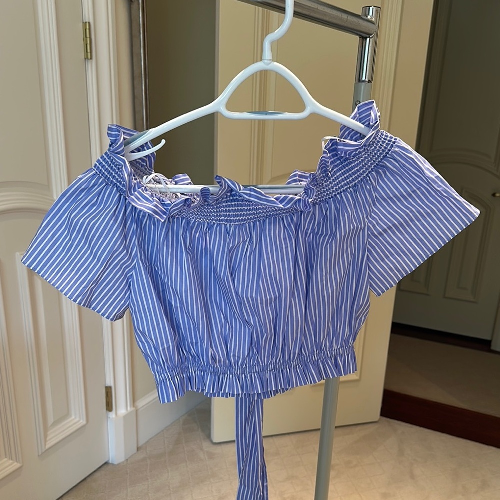 Zara Blue and White Off the Shoulder Top